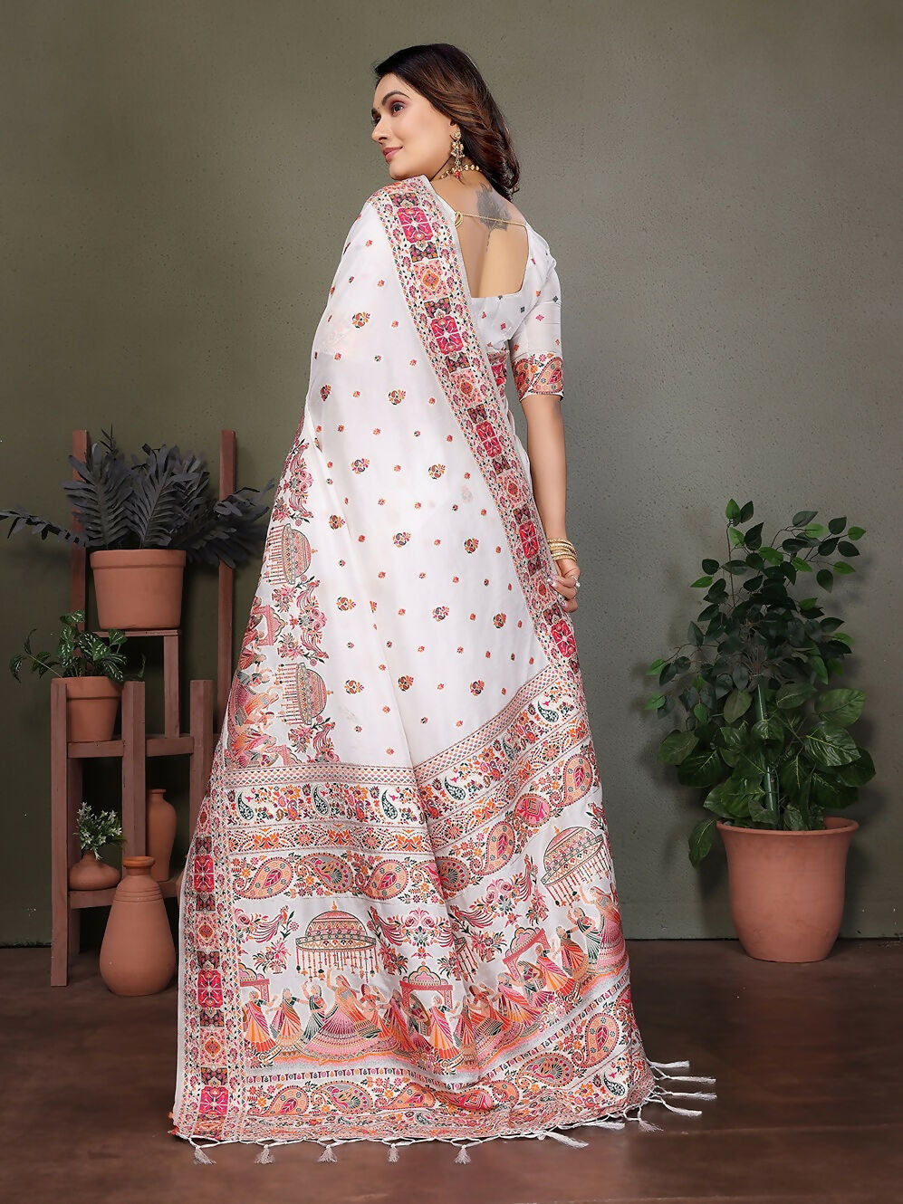 Joban Fashion White Thread Woven Pashmina Sarees | Grocsy