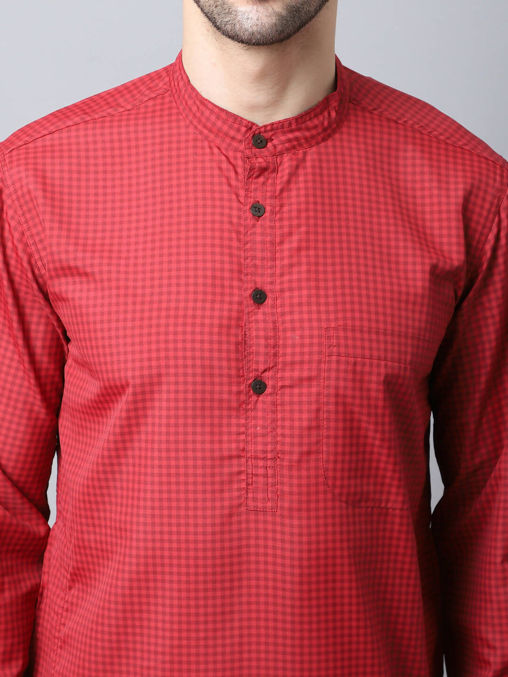 Even Apparels Maroon Cotton Checked Men's Kurta With Band Collar | Grocsy