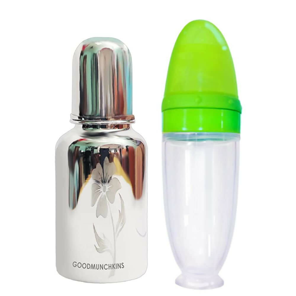 Goodmunchkins Stainless Steel Feeding Bottle With Spoon Food Feeder for Baby Anti Colic Silicon Nipple Feeder 300 ml Combo Pack-Green | Grocsy