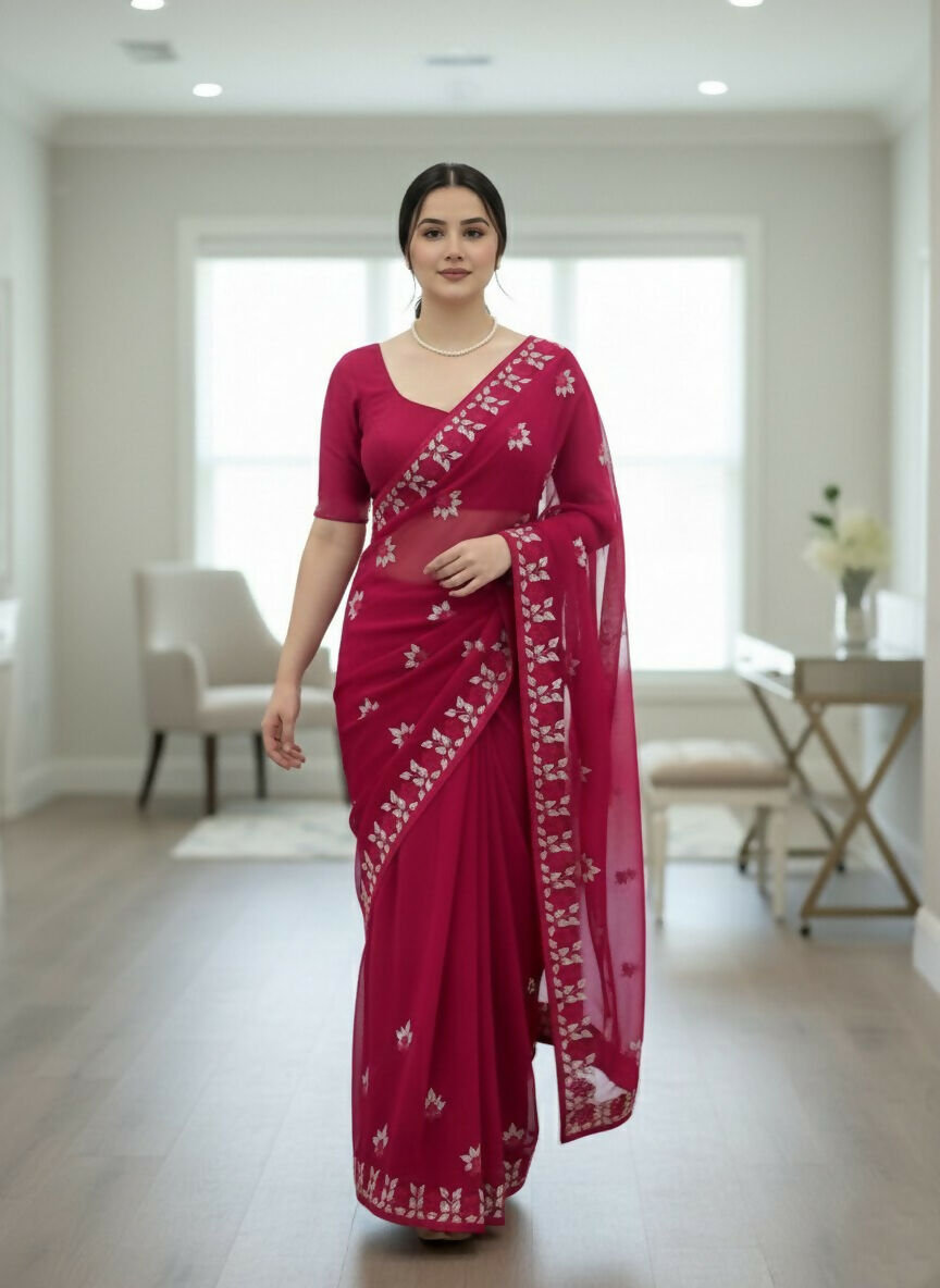 Teeya Creation Womens Latest Stylish Party Wear Soft Net Saree-Pink | Grocsy