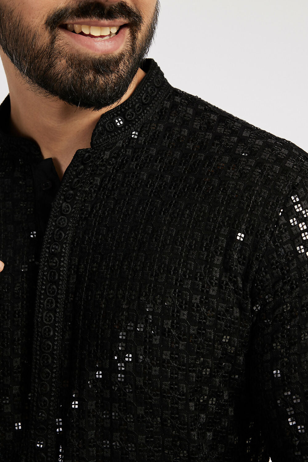 Ethnic India Black Men's Kurta Embellished Viscose Rayon | Grocsy
