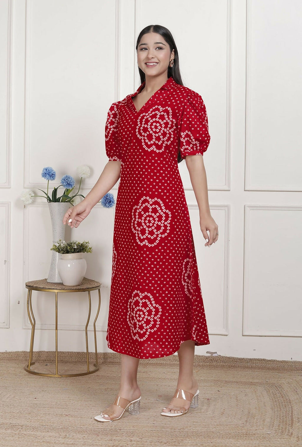 Miravan Womens Red Bandhani Printed Collar Neck Maxi Dress | Grocsy