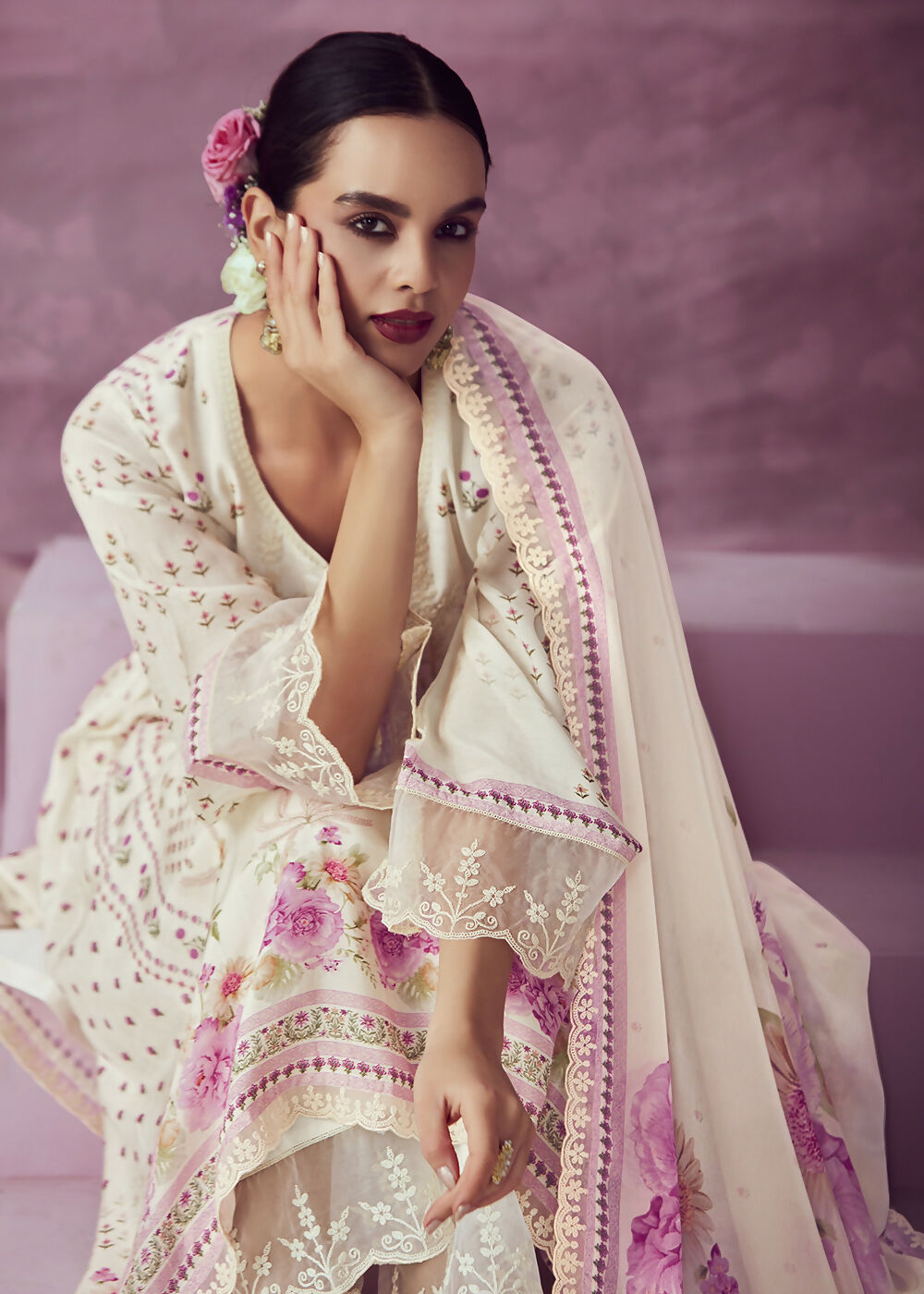 Ivory & Pink Muslin Cotton Printed Trendy Salwar Kurta Set - Emponline | Grocsy
