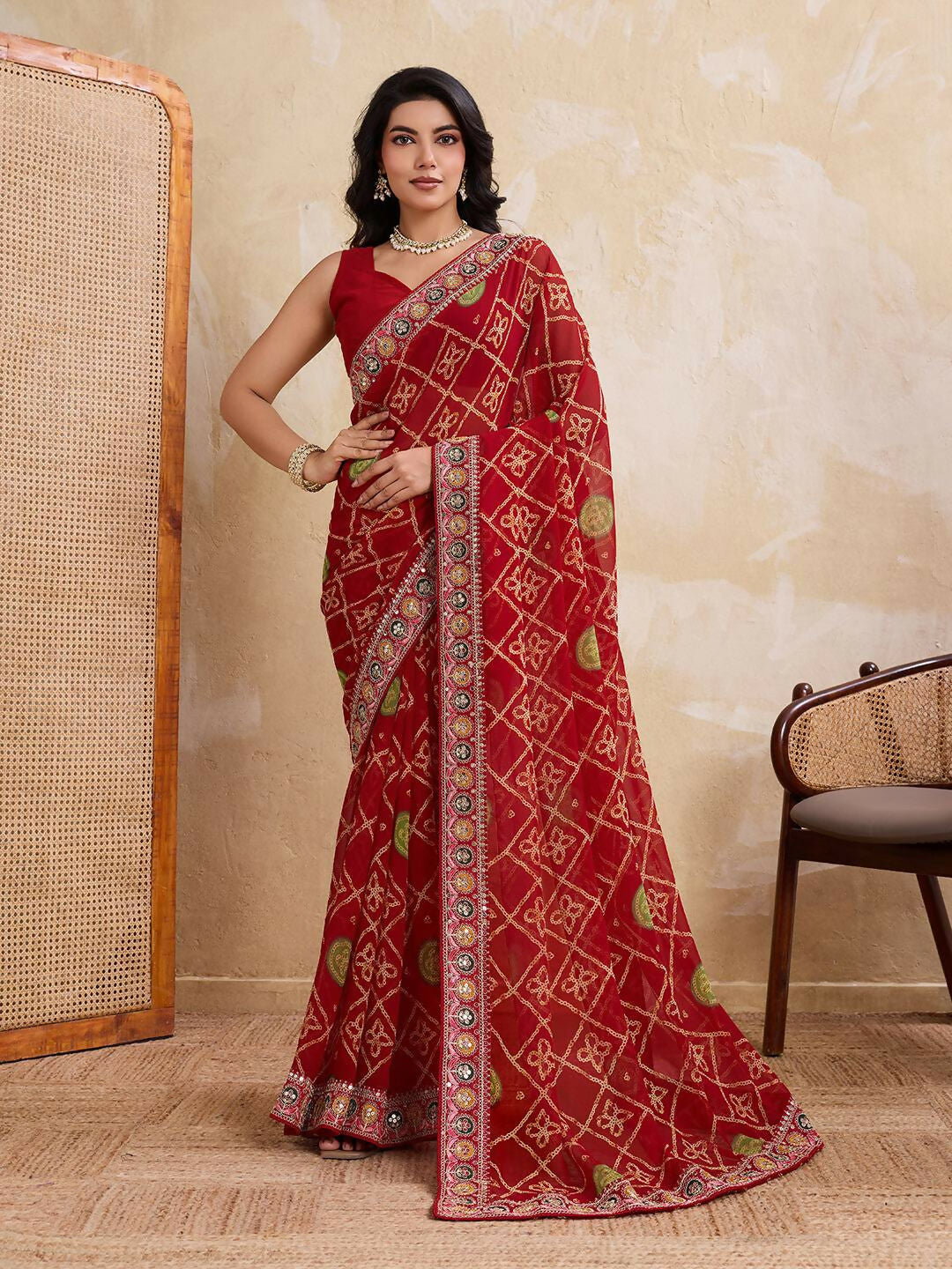 Teeya Creation Womens Stylish Simply Wedding Wear Georgette Saree-Orange | Grocsy