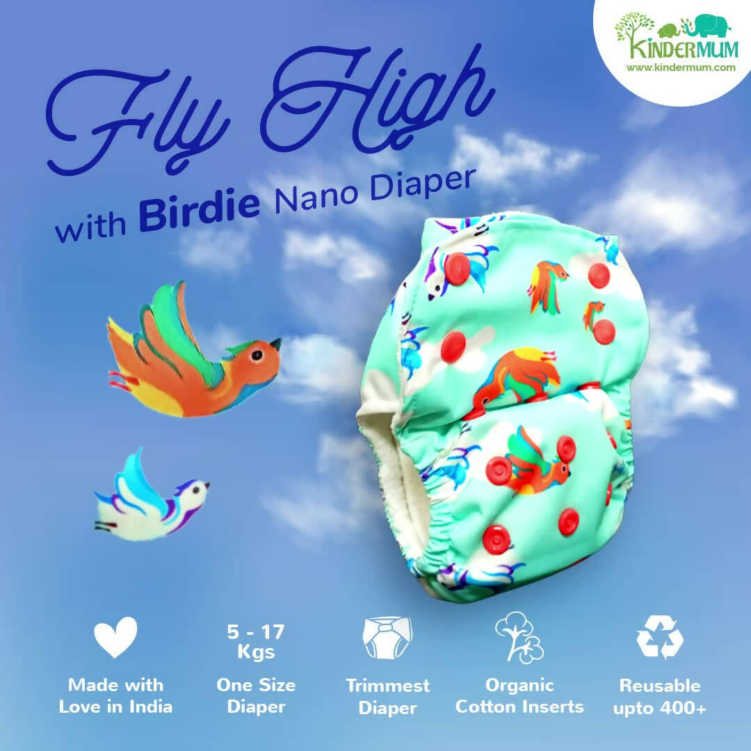 Kindermum Nano Aio Cloth Diaper With 2 Organic Cloth Inserts- Birdie For Kids | Grocsy