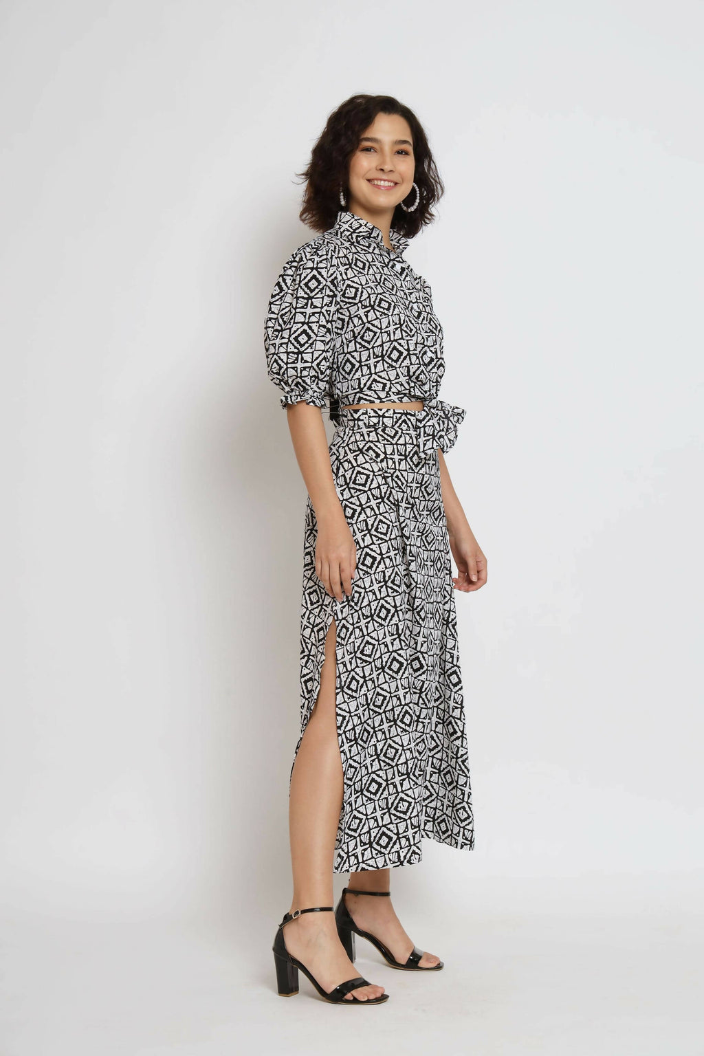 White Crepe Geometric Printed Top with Matching Skirt - Shivani | Grocsy