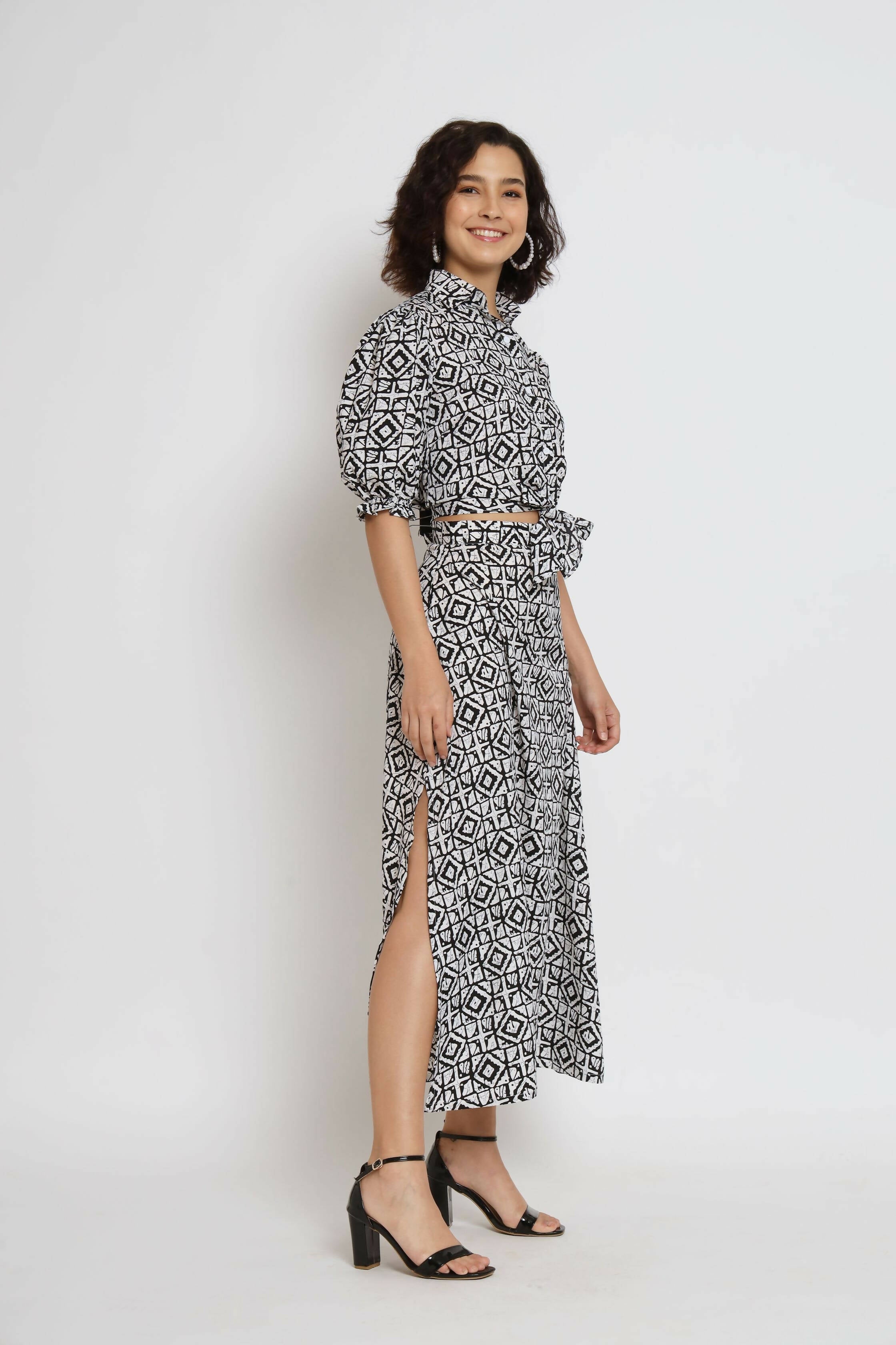 White Crepe Geometric Printed Top with Matching Skirt - Shivani | Grocsy