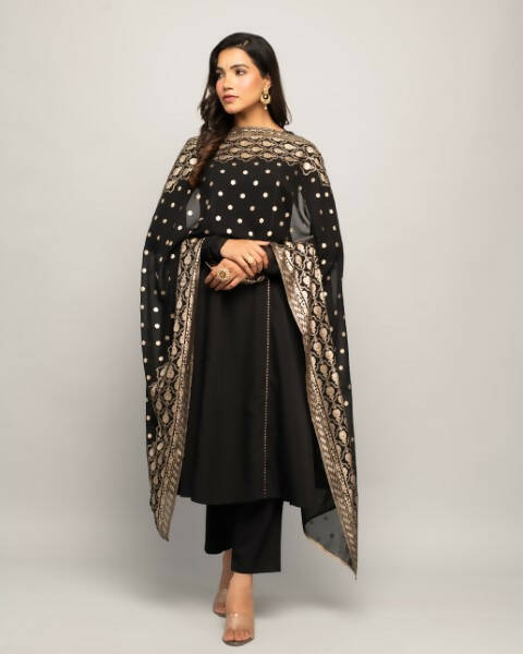 FIORRA Women's Black Creap A-Line Kurta Pant With Dupatta | Grocsy