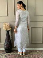 Partywear Designer Linen Cotton with cotton lining Offwhite Stitched Suit With Dupatta - Tanisha | Grocsy