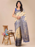 Shree Shyam Fashion Banarasi Silk Cream & Navy Blue Saree | Grocsy