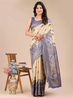 Shree Shyam Fashion Banarasi Silk Cream & Navy Blue Saree | Grocsy