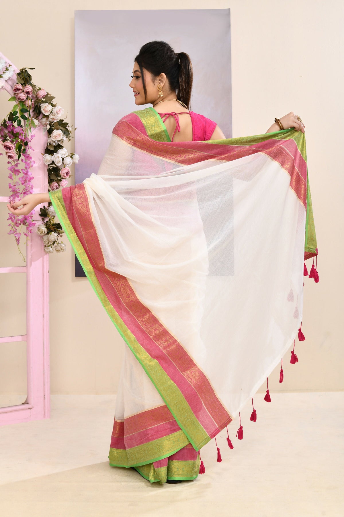 Piyari Fashion Women's Off White Embellished Zari Border Cotton Saree | Grocsy
