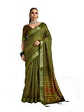 Joban Fashion Mehendi Green Velvet Tussar Silk with Foil Print Saree | Grocsy