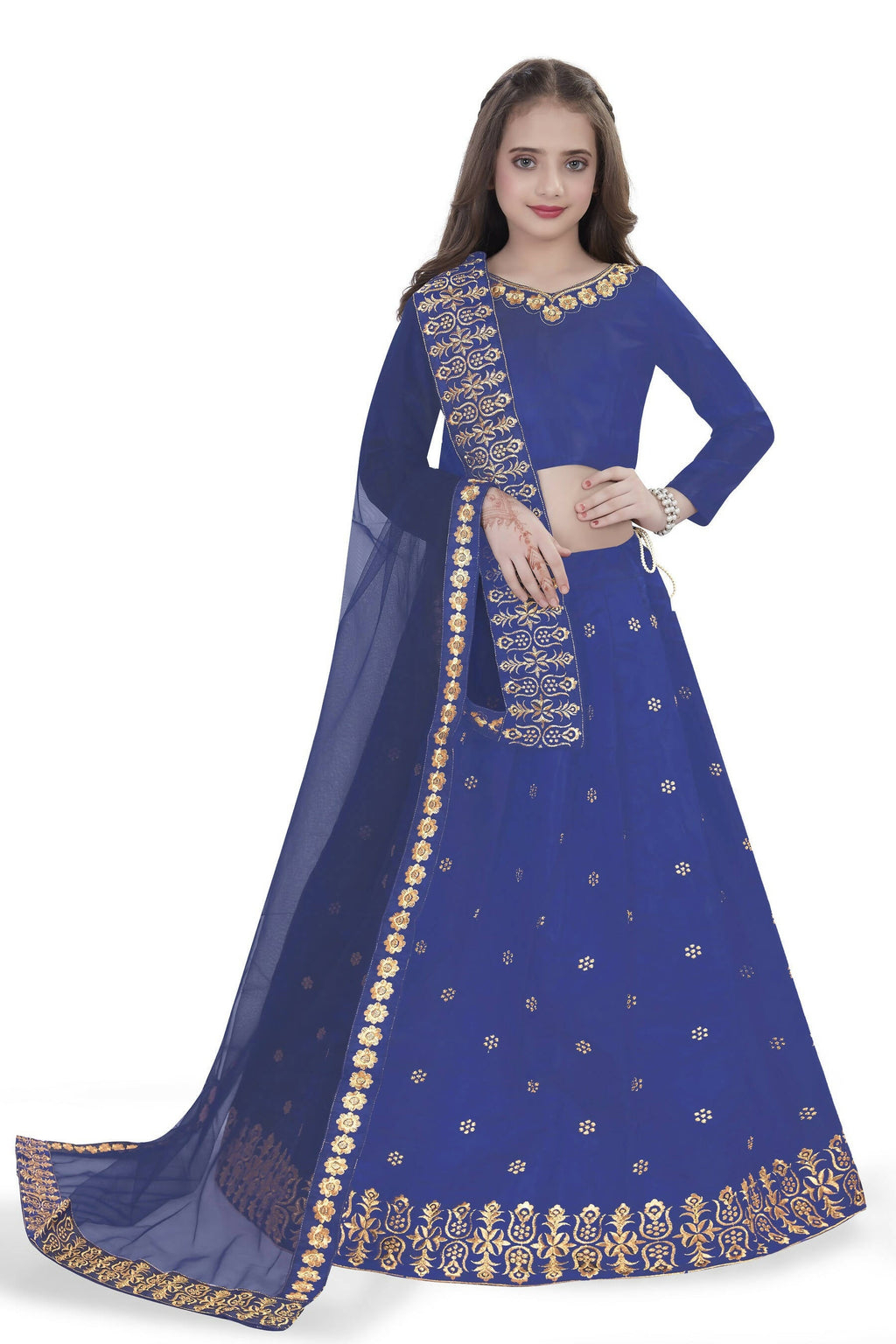 Dwiden Royal Blue Queen Tafetta Sattin Semi-Stitched Girl's Lehenga Choli | Grocsy