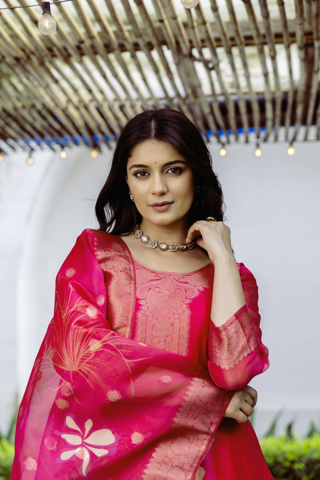 The52 Women's Beautiful Printed Work Jacquard Organza Fabric Straight Kurta Pant and Dupatta Set | Grocsy
