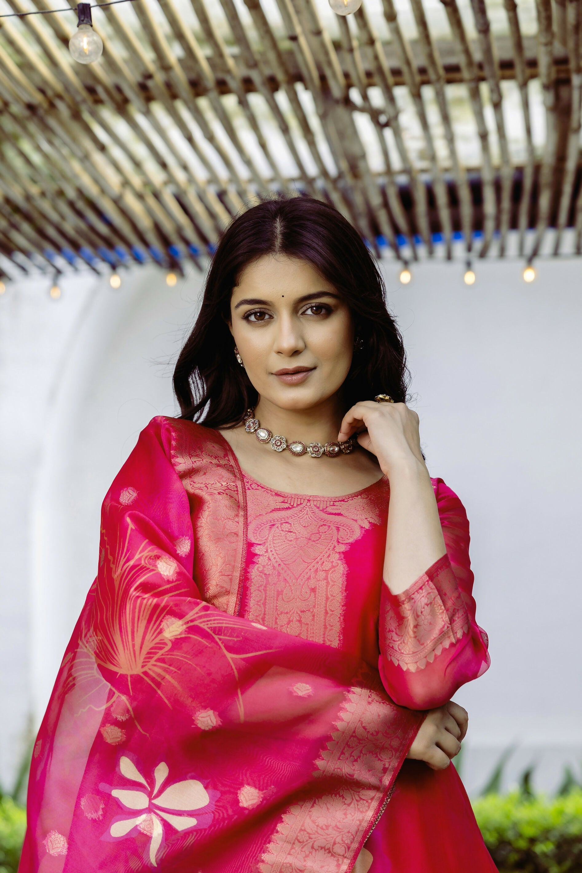 The52 Women's Beautiful Printed Work Jacquard Organza Fabric Straight Kurta Pant and Dupatta Set | Grocsy
