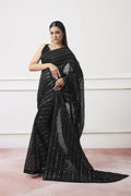 Black Georgette Sequance,Thread Embroidery Work Saree with Unstitched Blouse - Vandini | Grocsy