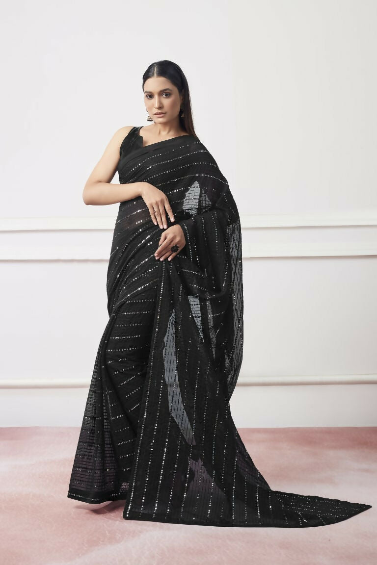 Black Georgette Sequance,Thread Embroidery Work Saree with Unstitched Blouse - Vandini | Grocsy
