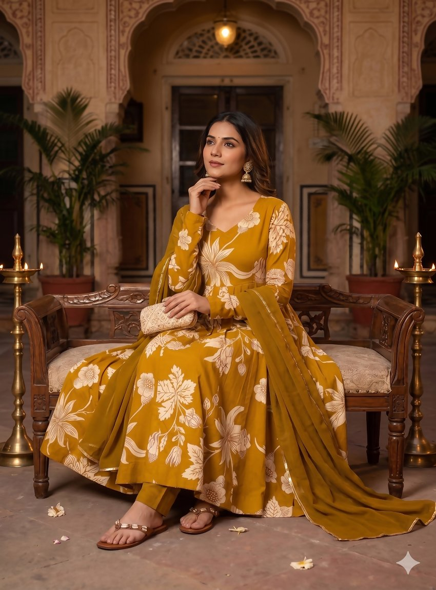 Teeya Creation Mustard Yellow Floral Printed Anarkali Kurta With Pant And Dupatta | Grocsy