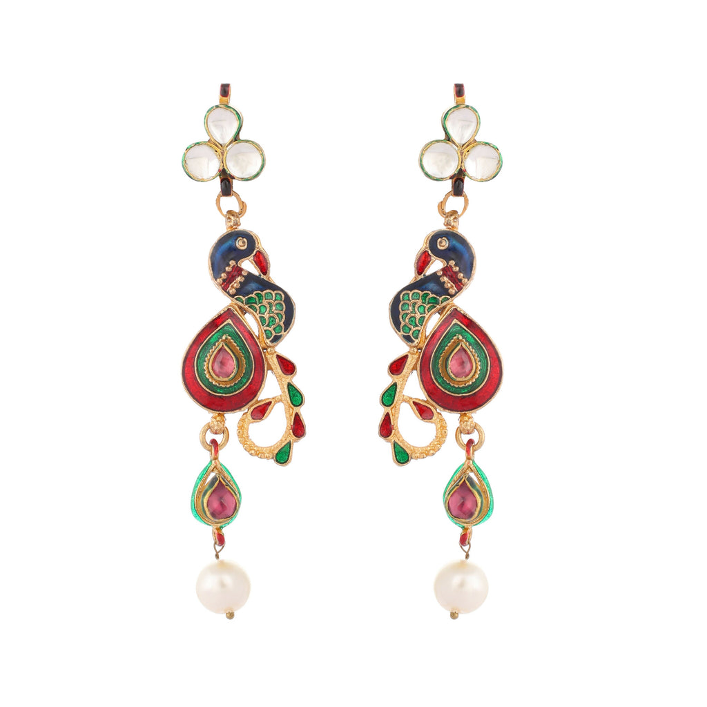 Nuyug 22K Gold Plated Pearl Drop Kundan Studded Ethnic Peacock Shaped Drop Earrings | Grocsy