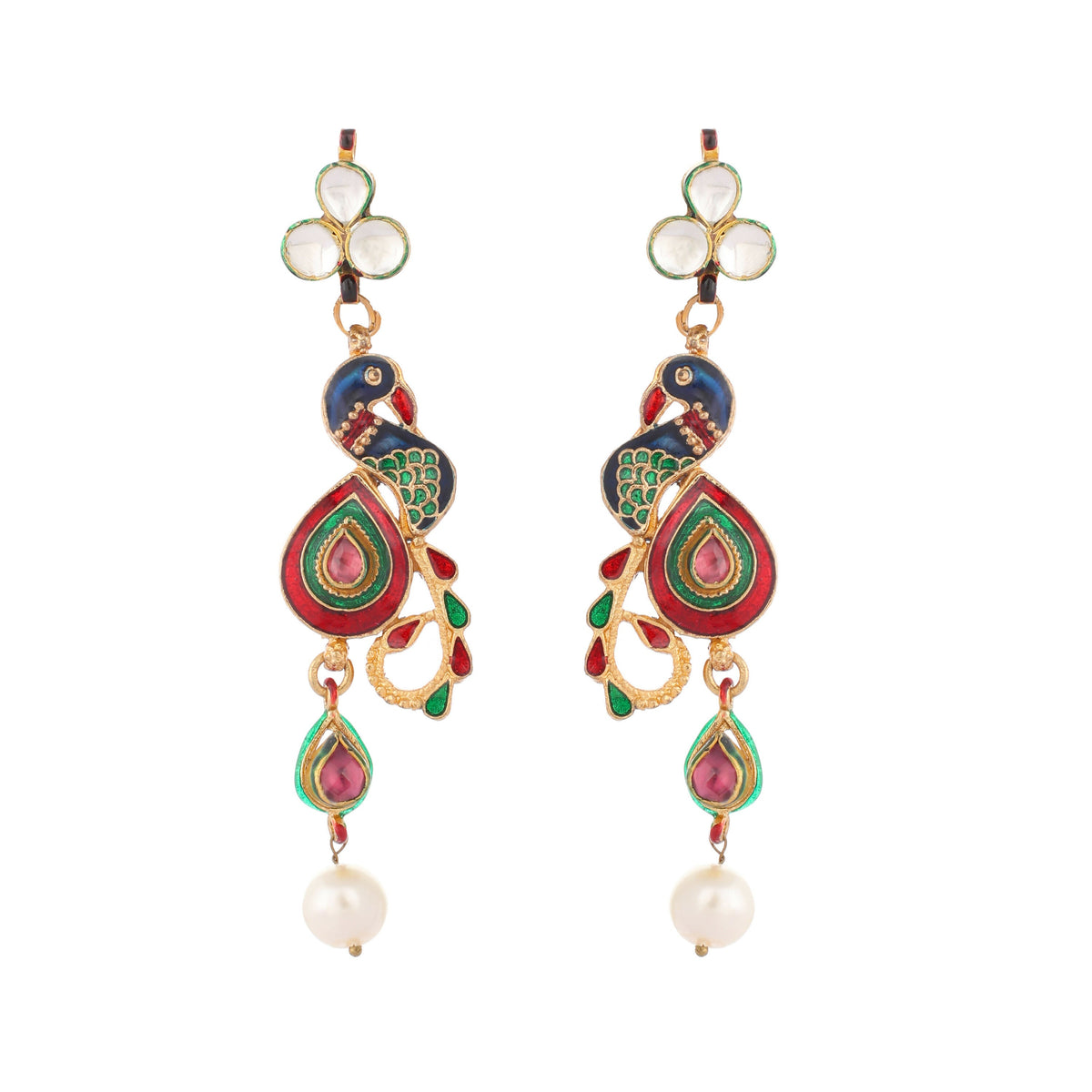 Nuyug 22K Gold Plated Pearl Drop Kundan Studded Ethnic Peacock Shaped Drop Earrings | Grocsy