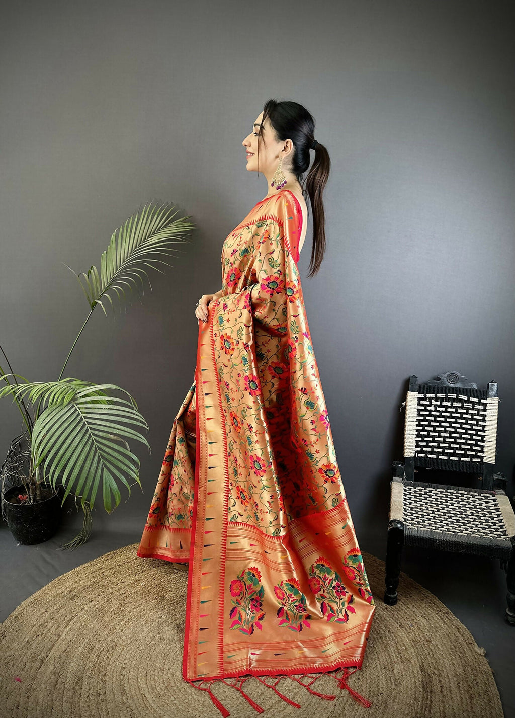 Joban Fashion Light Orange Floral  & Peacock Motifs Soft Silk Paithani Saree | Grocsy