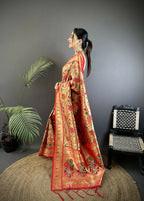 Joban Fashion Light Orange Floral  & Peacock Motifs Soft Silk Paithani Saree | Grocsy