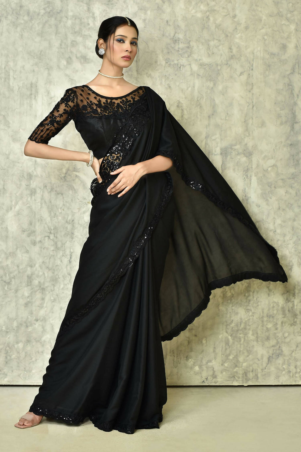 Black Silk Plain Saree with Blouse Piece - Purvi | Grocsy
