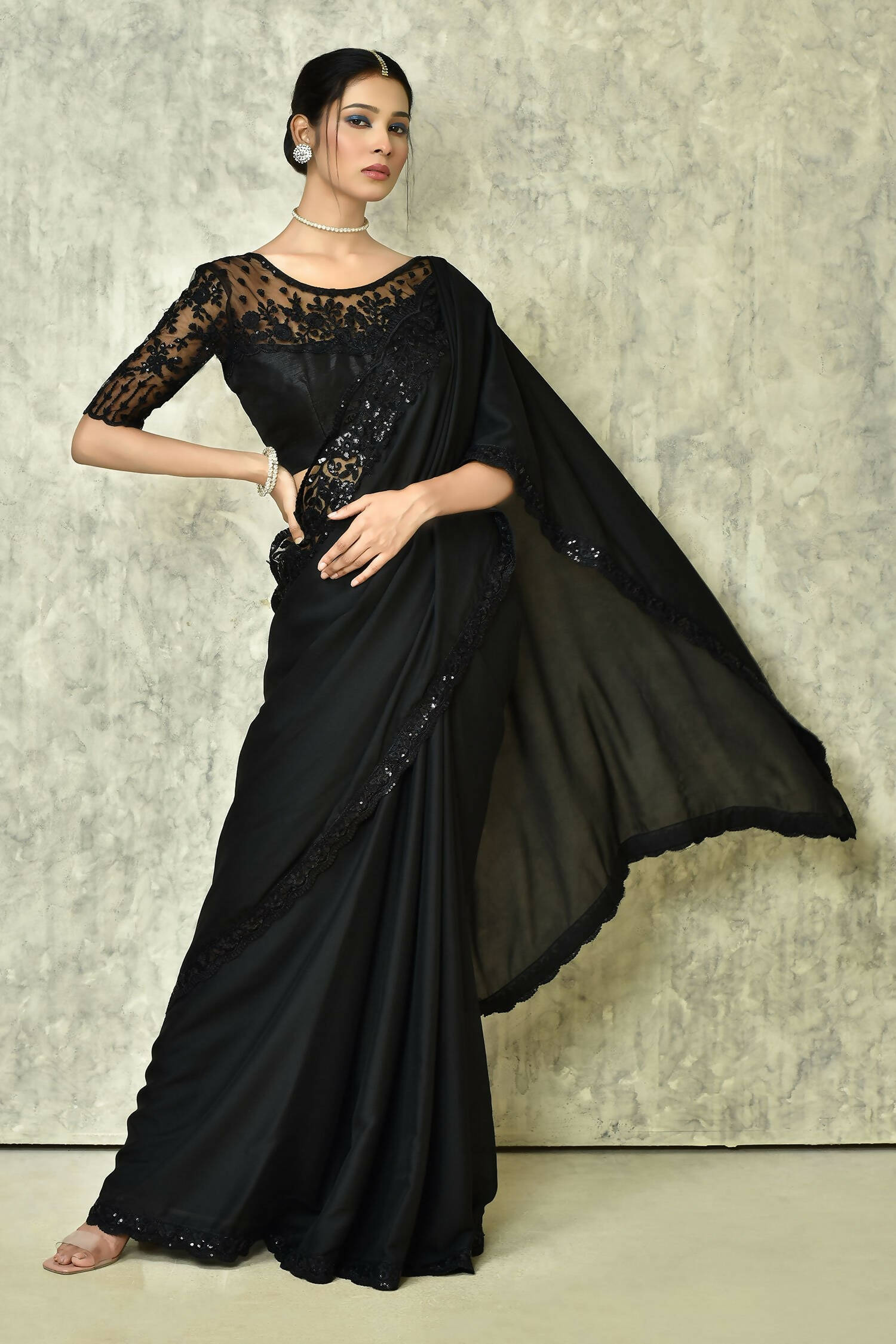 Black Silk Plain Saree with Blouse Piece - Purvi | Grocsy