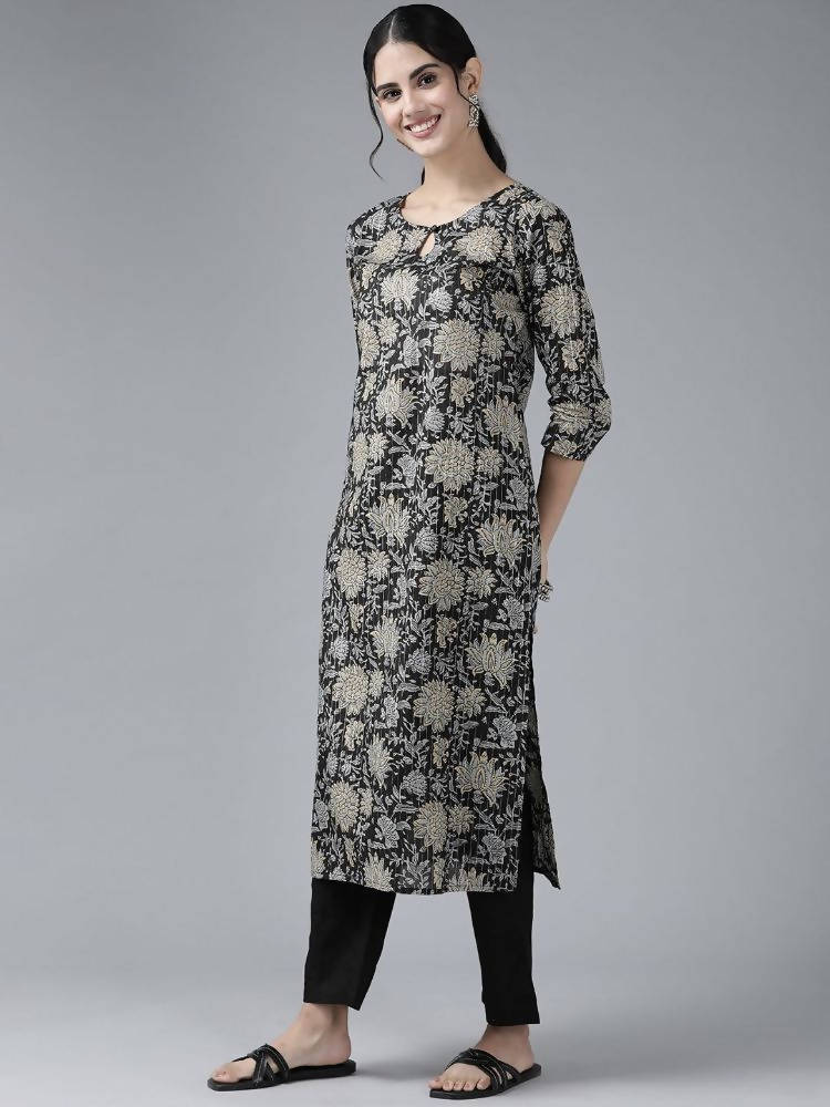 Yufta Women Black Floral Pure Cotton Kurta with Trouser & With Dupatta | Grocsy
