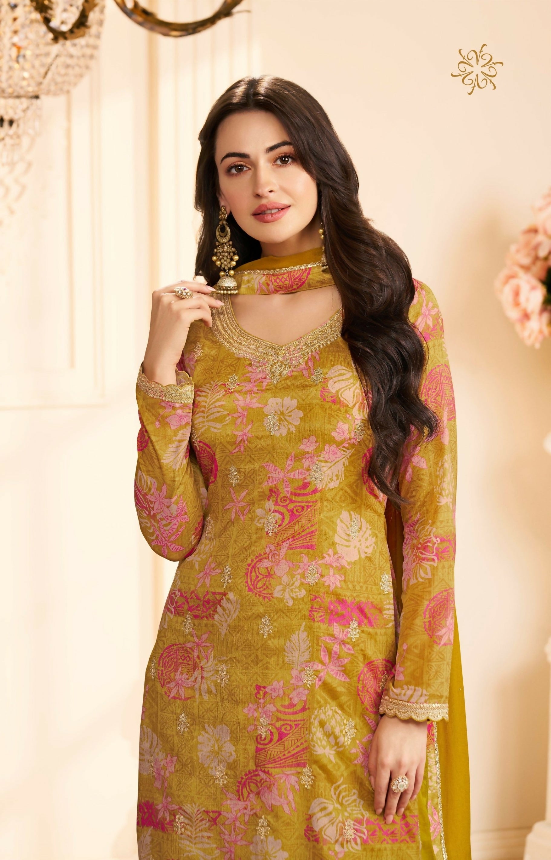 Anaita Mustard Chinon Stitched Suit with Multi Digital Print | Grocsy