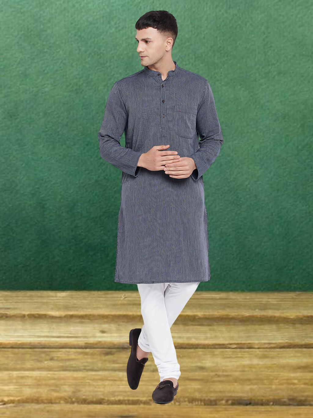 Even Apparels Men's Pure Cotton Grey Striped Kurta | Grocsy