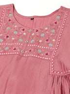 Pink Chinon Yoke Embroidered A-line Top - Tarini | Grocsy