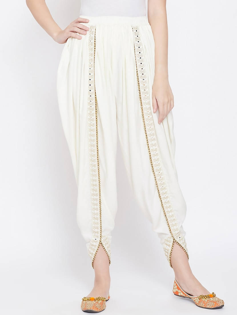 Cheera Women’s White Dhoti With Golden Lace | Grocsy