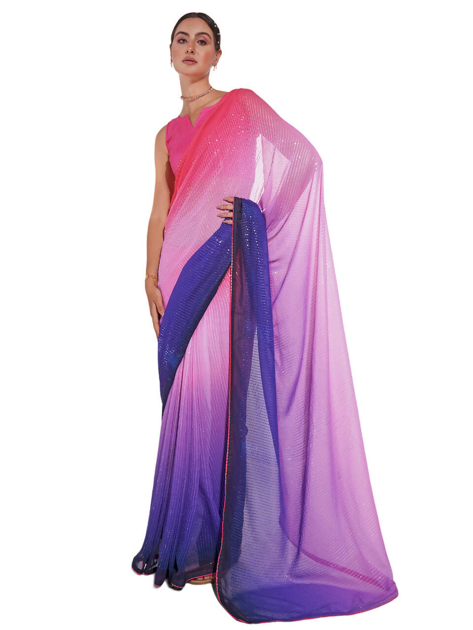 Pink Georgette Sequence Embroidery Saree With Unstitched Blouse Piece - Rajal | Grocsy