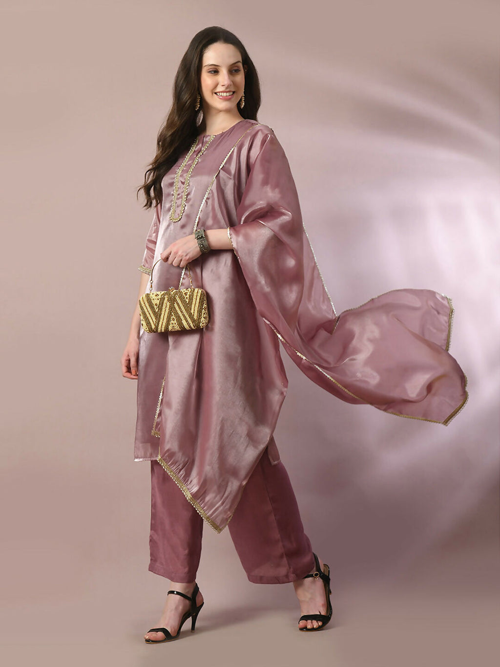 Myshka Women's Brown Solid Straight Party Kurta Set With Dupatta | Grocsy