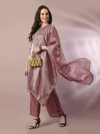 Myshka Women's Brown Solid Straight Party Kurta Set With Dupatta | Grocsy