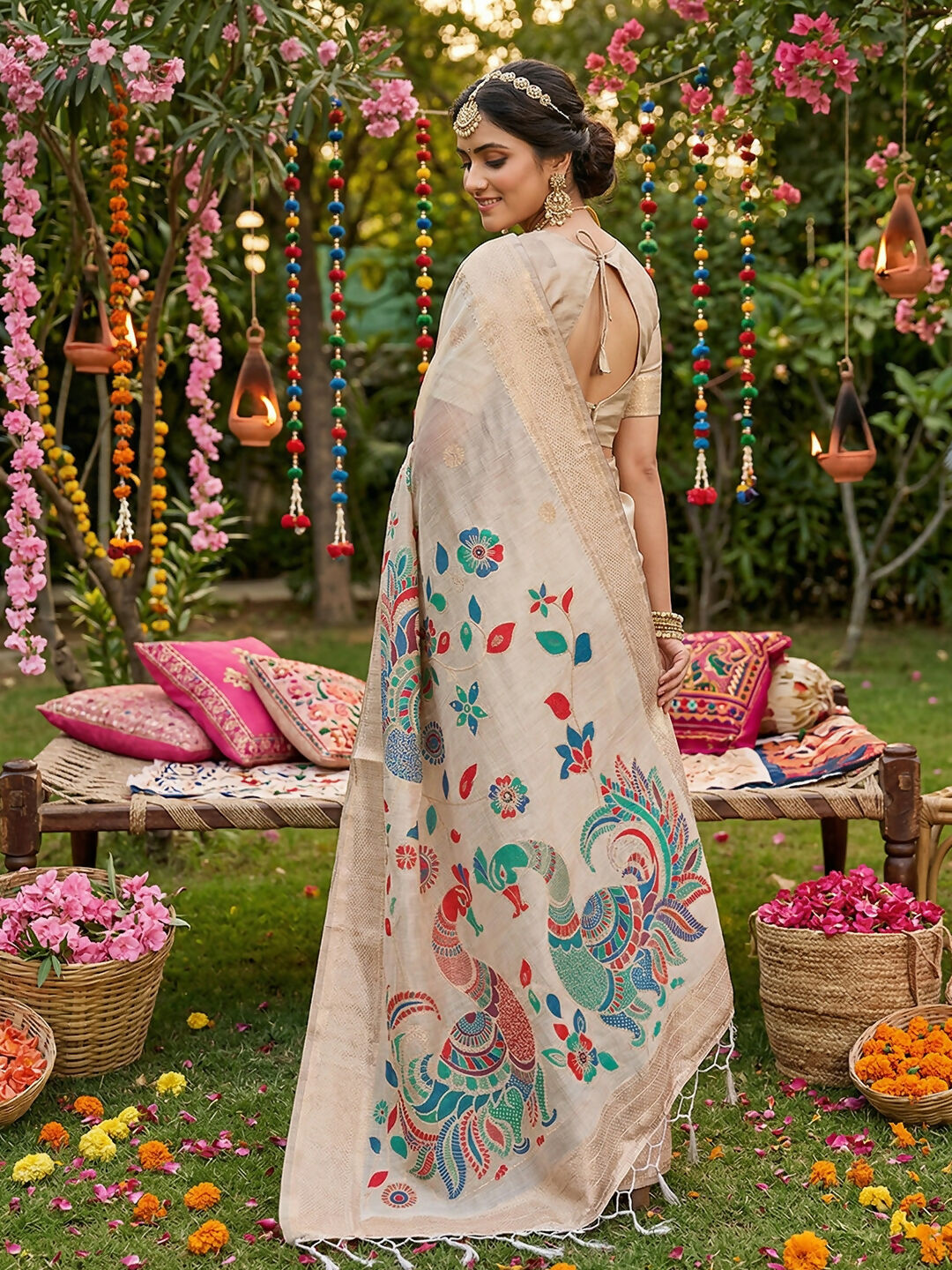 Shree Shyam Fashion Cream Linen Cotton Saree | Grocsy