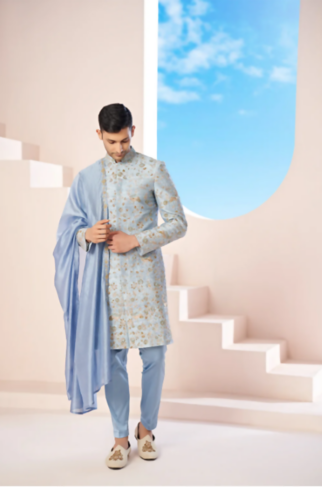 Majestic Blue Sherwani With Intricate Gold Crane And Floral Hand Embroidery. by Hilo Design | Grocsy