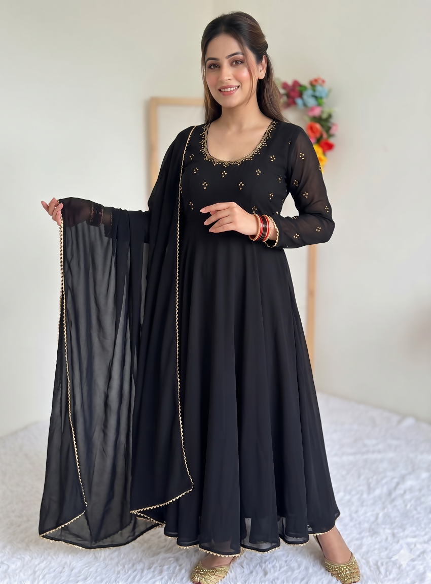 Teeya Creation New Party Wear Look Gerorrget Gown With Pant Dupatta Set - Black | Grocsy