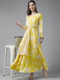 Ahalyaa Womens Lemmon Yellow Crepe Digital Printed Drapped Dress | Grocsy