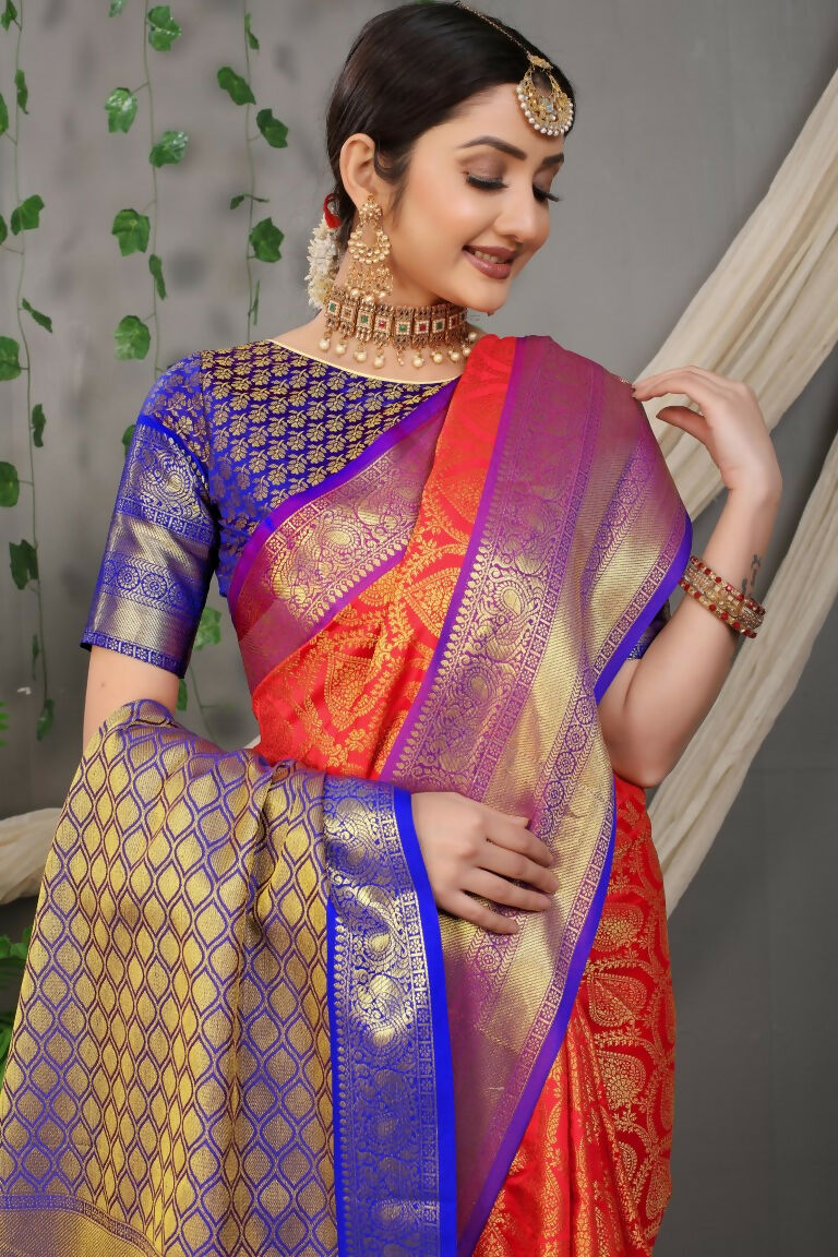 Jyoti Fashion Women's Red Kanjivaram Silk Zari Woven Saree with Blouse | Grocsy