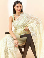 Yellow Organza Paisely Embroidered Saree with Unstitched Blouse Piece - Roozal | Grocsy