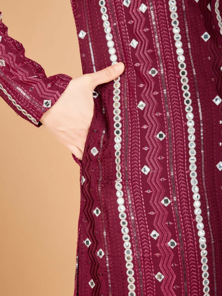 Vastranavya Maroon Exclusive Festival Wear Pure Viscose Rayon Sequence & Foil Mirror Heavy Embroidered Work Kurta | Grocsy