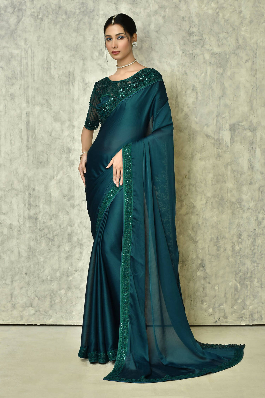 Teal Silk Solid Designer Saree with Blouse - Purvi | Grocsy