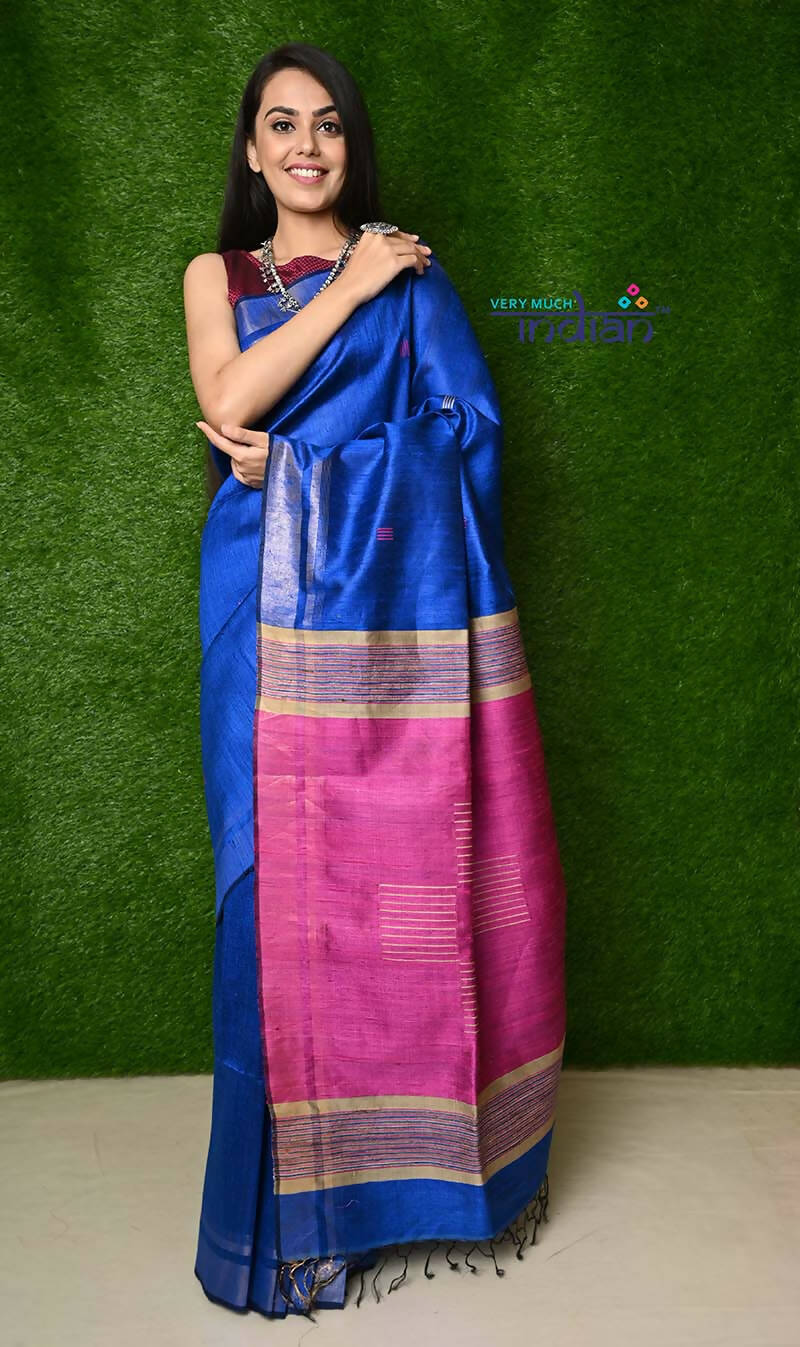 Very Much Indian Handwoven Raw Silk Dupion Saree - Cobalt Blue With Purple Pallu | Grocsy