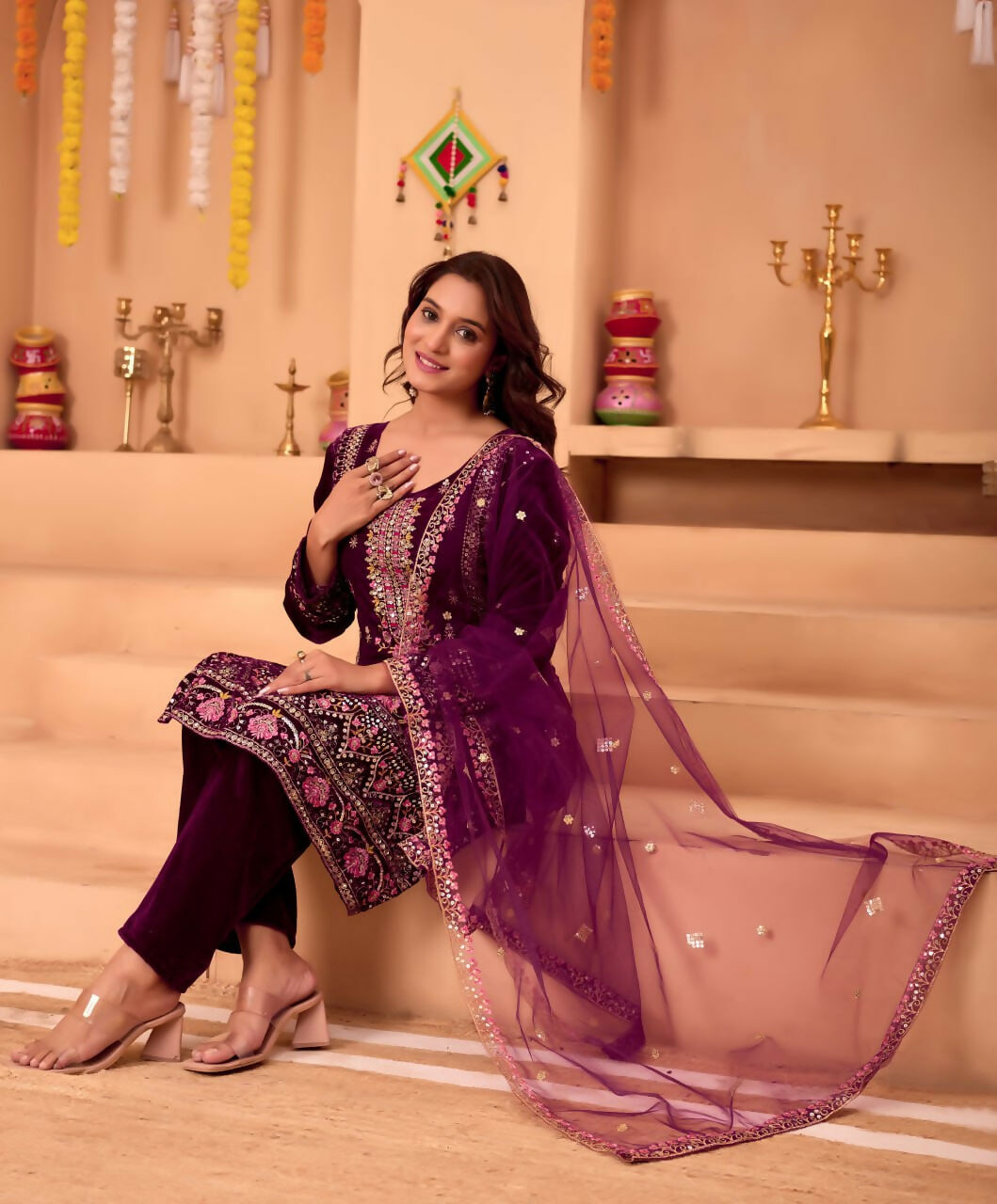 Joban Fashion Purple Velvet Embroidery Sequence Work Readymade Kurta Set | Grocsy