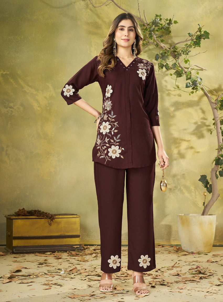 Teeya Creation Women Coffee Brown Embroidered Tunic & Pant Co-Ord Set | Grocsy