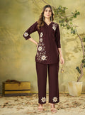 Teeya Creation Women Coffee Brown Embroidered Tunic & Pant Co-Ord Set | Grocsy