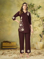 Teeya Creation Women Coffee Brown Embroidered Tunic & Pant Co-Ord Set | Grocsy